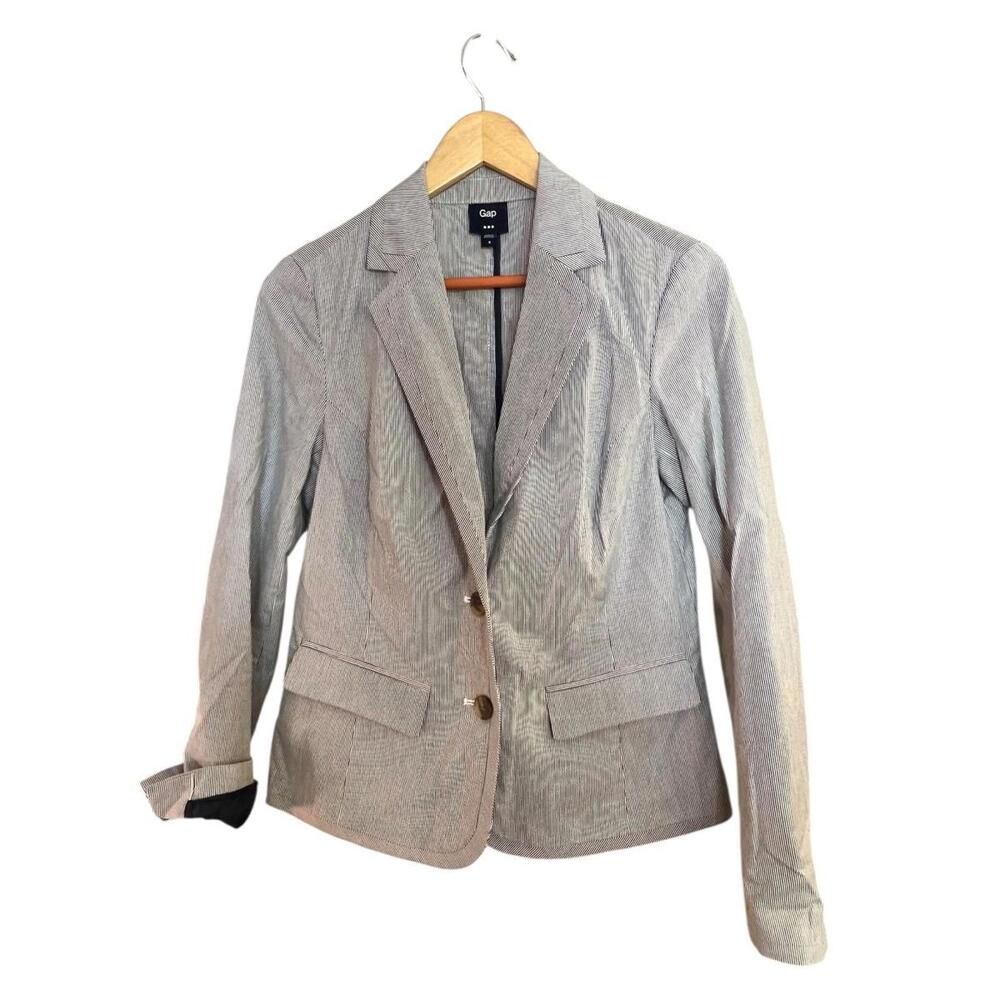 Gap Women's 6 Blue White Seersucker Striped Academy Blazer Jacket Pockets Casual